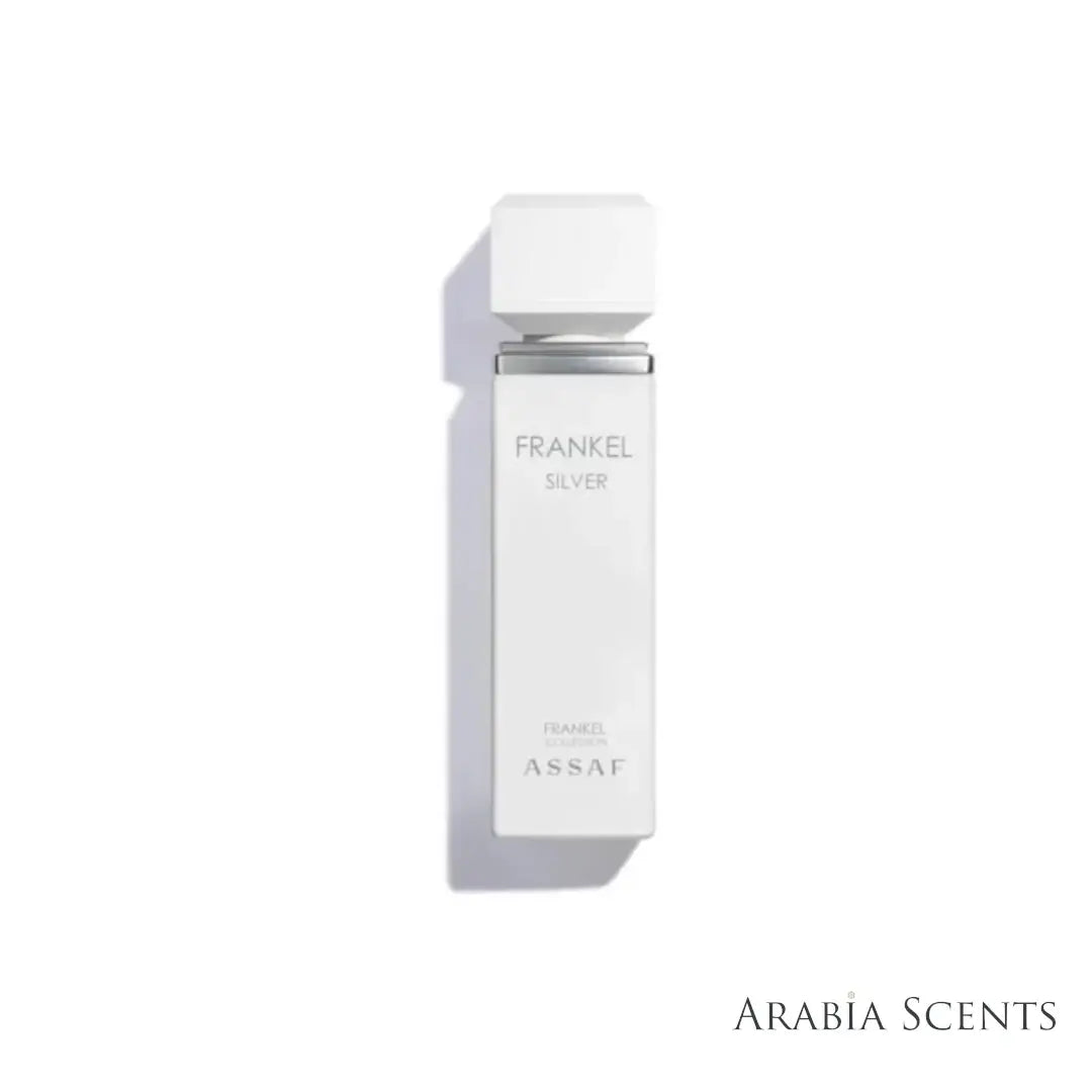 'Frankel Silver' perfume bottle of 'Exclusive Frankel Collection' by 'Assaf' on a white background Featured by 'Arabiascents' 