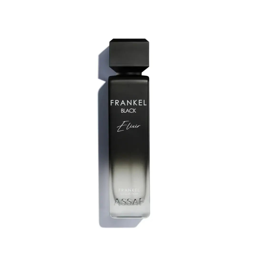 'Fankel Aventus Black Elixir' perfume bottle on a white background with 'Assaf' branding