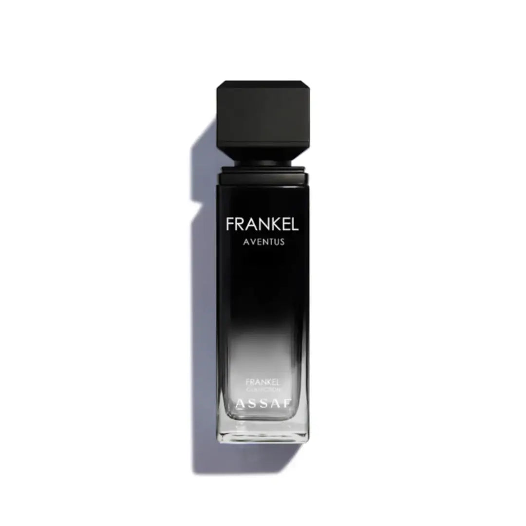 'Frankel Aventus' perfume bottle on a white background with 'Assaf' branding