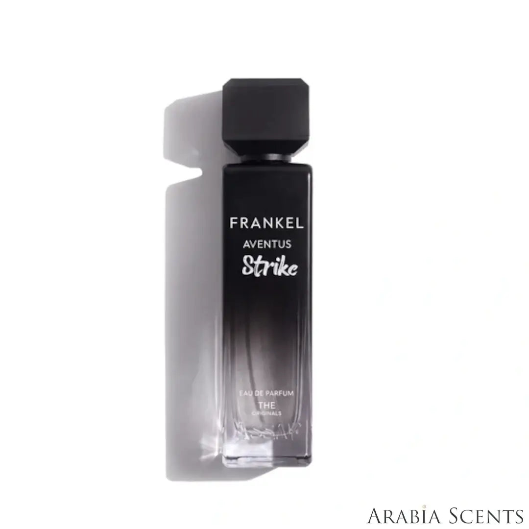 'Frankel Aventus Strike' perfume bottle on a white background with 'Assaf' branding featured by 'Arabiascents' 