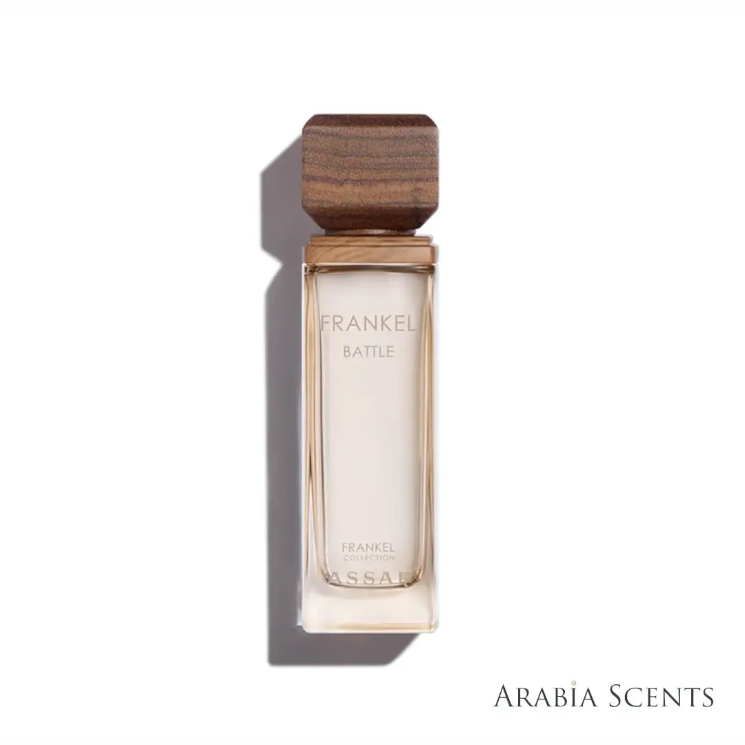 'Frankel Battle' perfume bottle on a white background with 'Assaf' branding featured by 'Arabiascents'