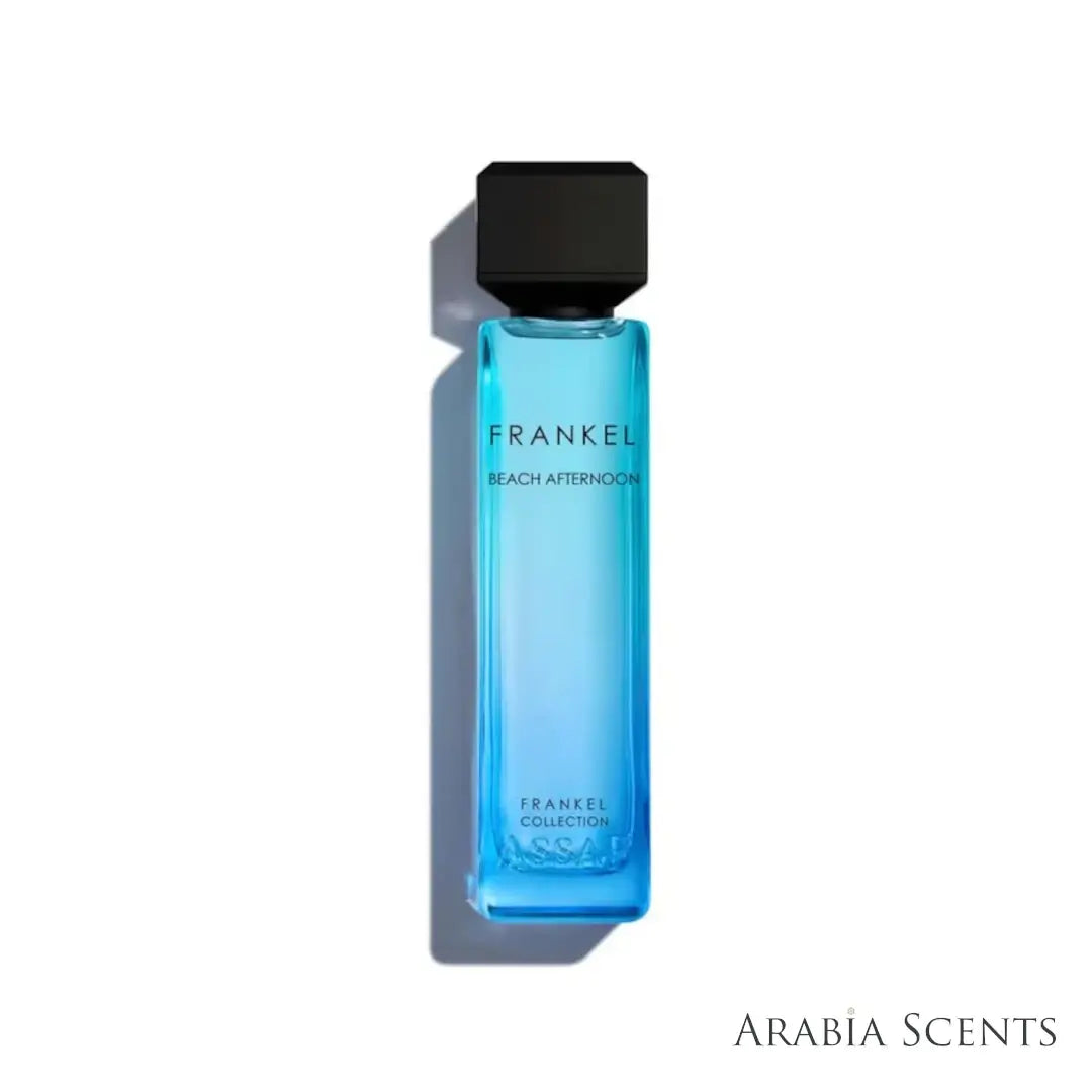 'Frankel Beach Afternoon' perfume bottle on a white background with 'Assaf' branding featured by 'Arabiascents'