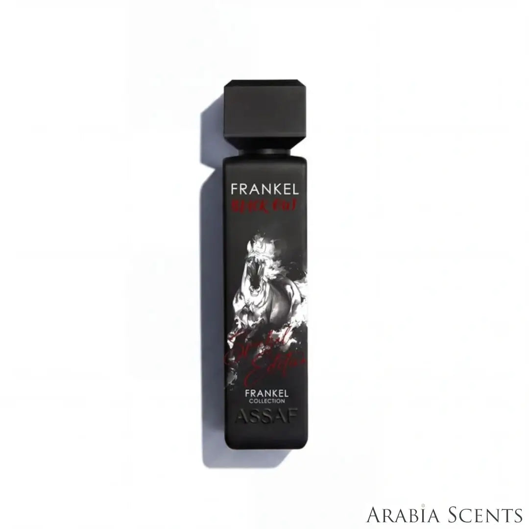 'Frankel Blackout' perfume bottle on a white background with 'Assaf' branding featured by 'Arabiascents'