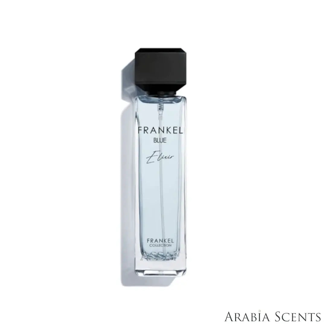 'Frankel Blue Elixir' perfume bottle on a white background with 'Assaf' branding featured by 'Arabiascents'