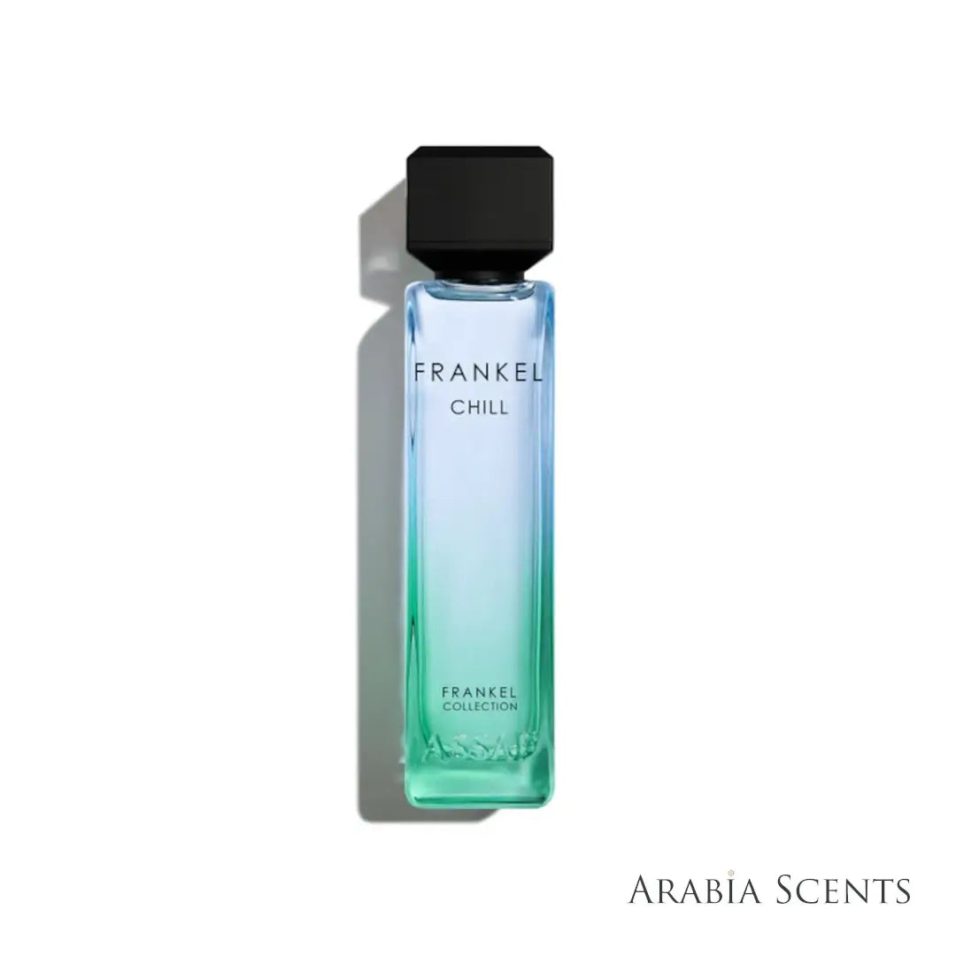 'Frankel Chill' perfume bottle on a white background with 'Assaf' perfumes featured by 'Arabiascents'