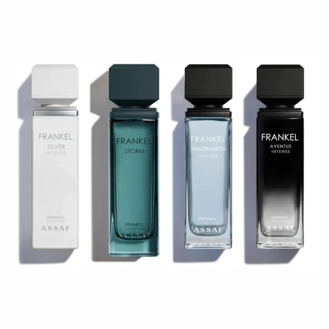 'Frankel Collection' four perfume bottle on a white background with 'Assaf' branding