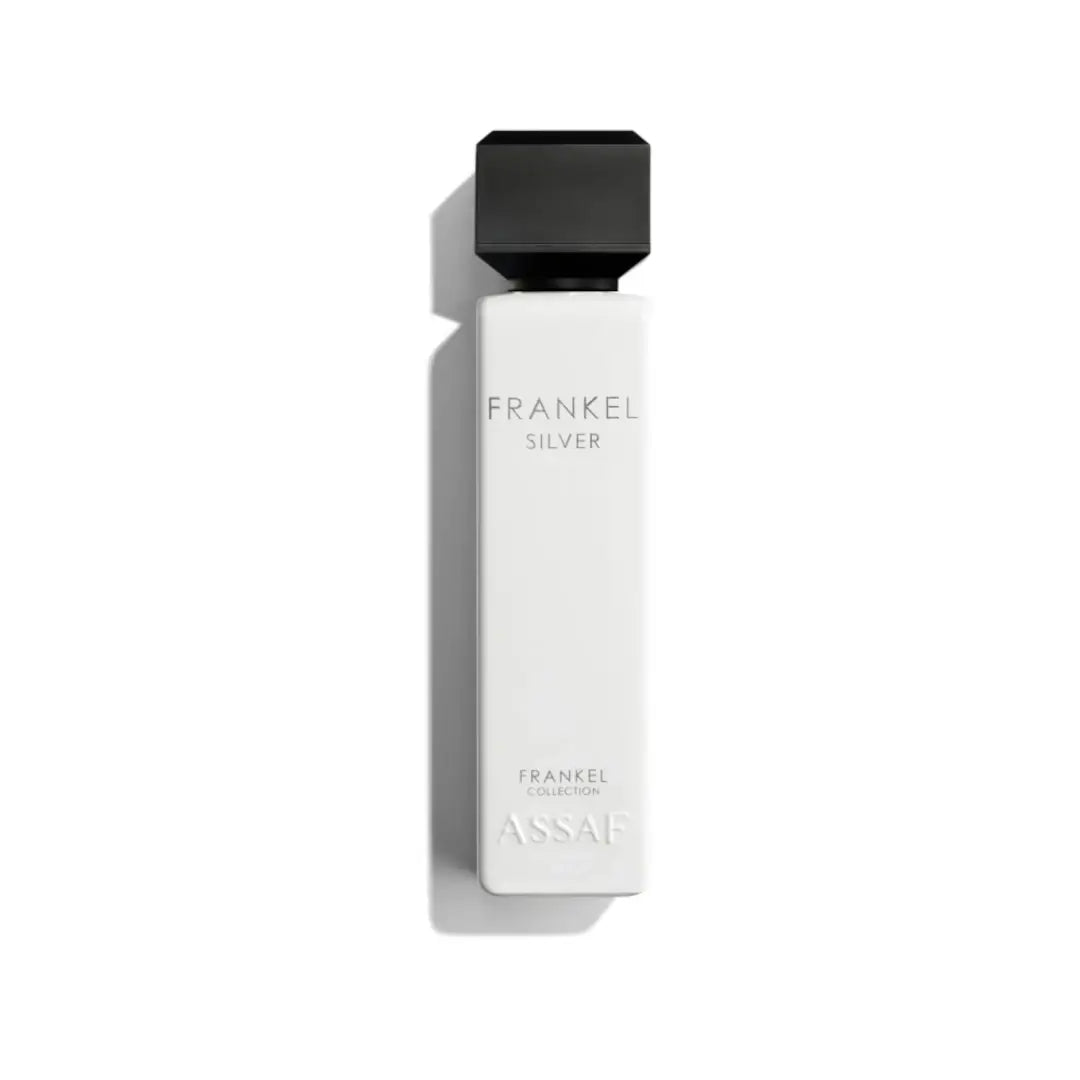 'Frankel Silver' by Assaf Perfumes white perfume bottle with black cap on a white background
