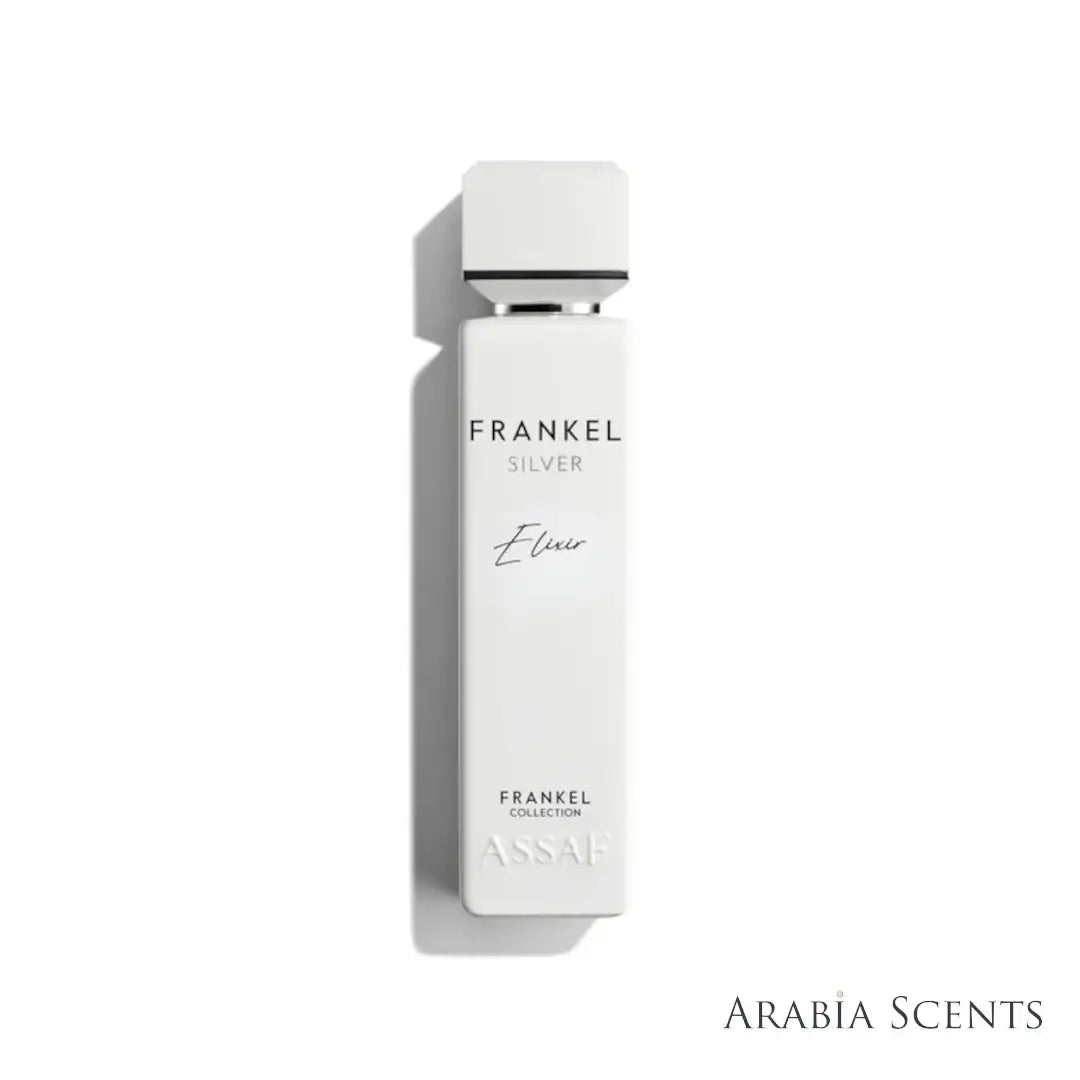 'Frankel Silver Elixir' perfume bottle on a white background with 'Assaf' branding featured by 'Arabiascents'