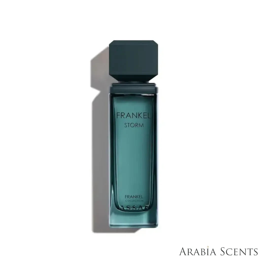 'Frankel Storm' perfume bottle on a white background with 'Assaf' branding featured by 'Arabiascents'