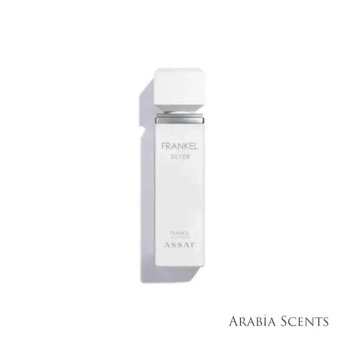 'Frankel Trio & Assaf Sunglasses' 'Frankel Silver Elixir' perfume bottle on a white background with 'Assaf' branding featured by 'Arabiascents'