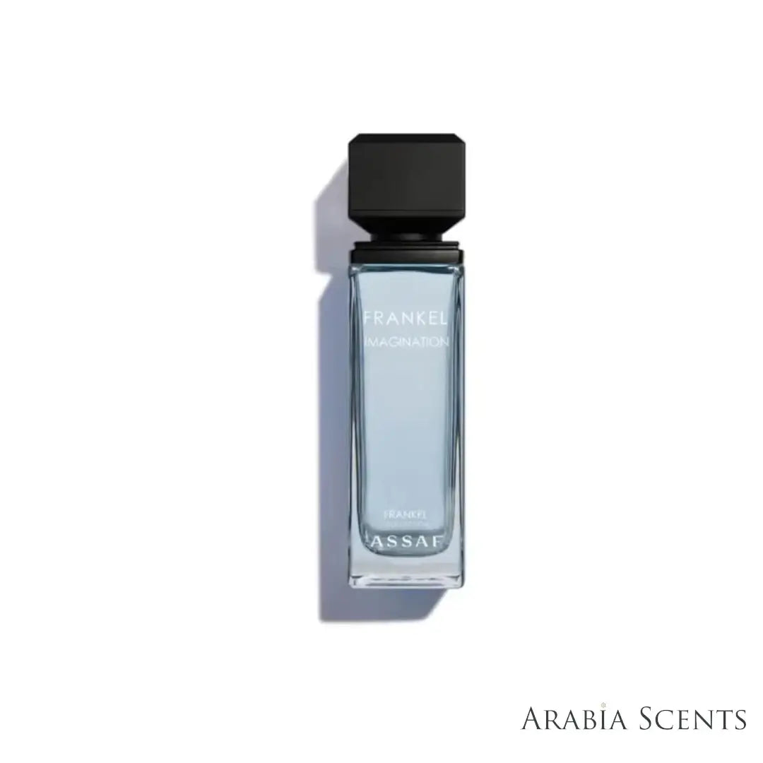'Frankel Trio & Assaf Sunglasses' 'Frankel Imagination' perfume bottle on a white background with 'Assaf' branding featured by 'Arabiascents'