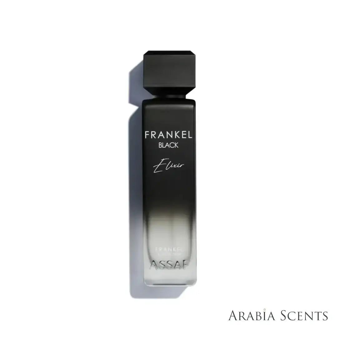 'Frankel Trio & Assaf Sunglasses' 'Frankel Black Elixir' perfume bottle on a white background with 'Assaf' branding featured by 'Arabiascents'
