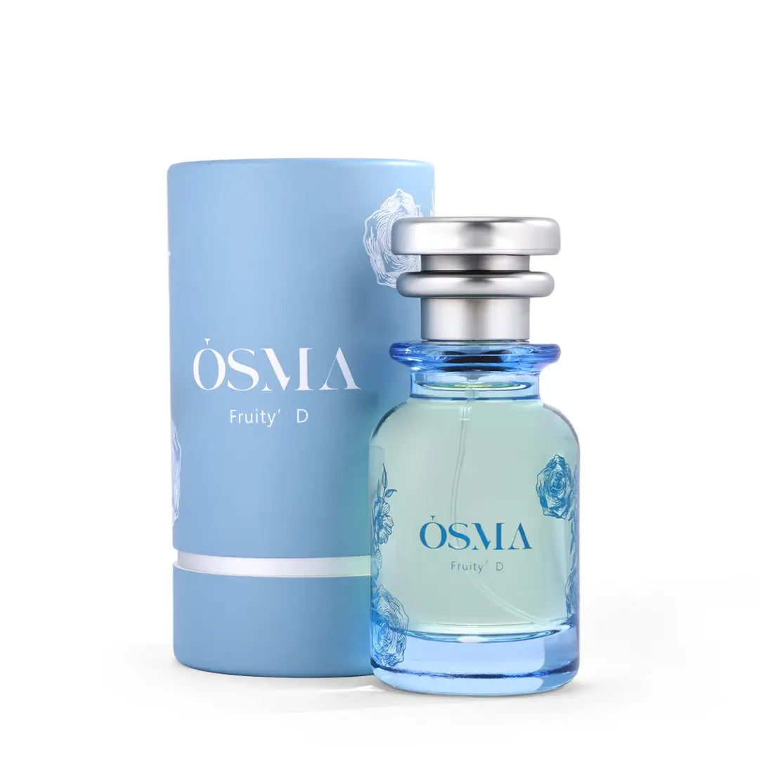 'Fruity D' perfume bottle with packaging with 'OSMA' branding on a white background