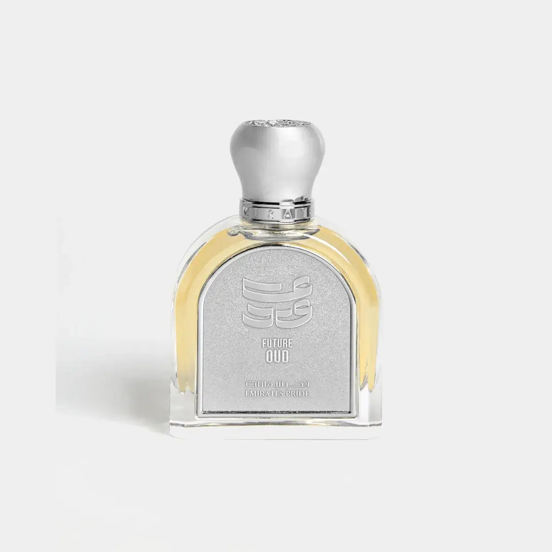 'Future Oud' Perfume bottle with silver cap and label on a white background branded Emirates Pride