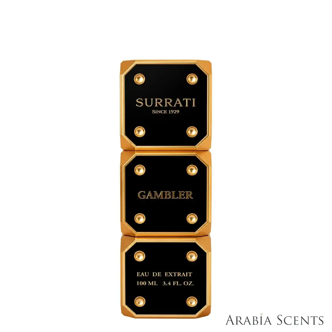 'Gambler' perfume bottle on a white background with 'Surrati' branding featured by 'Aabiascents'