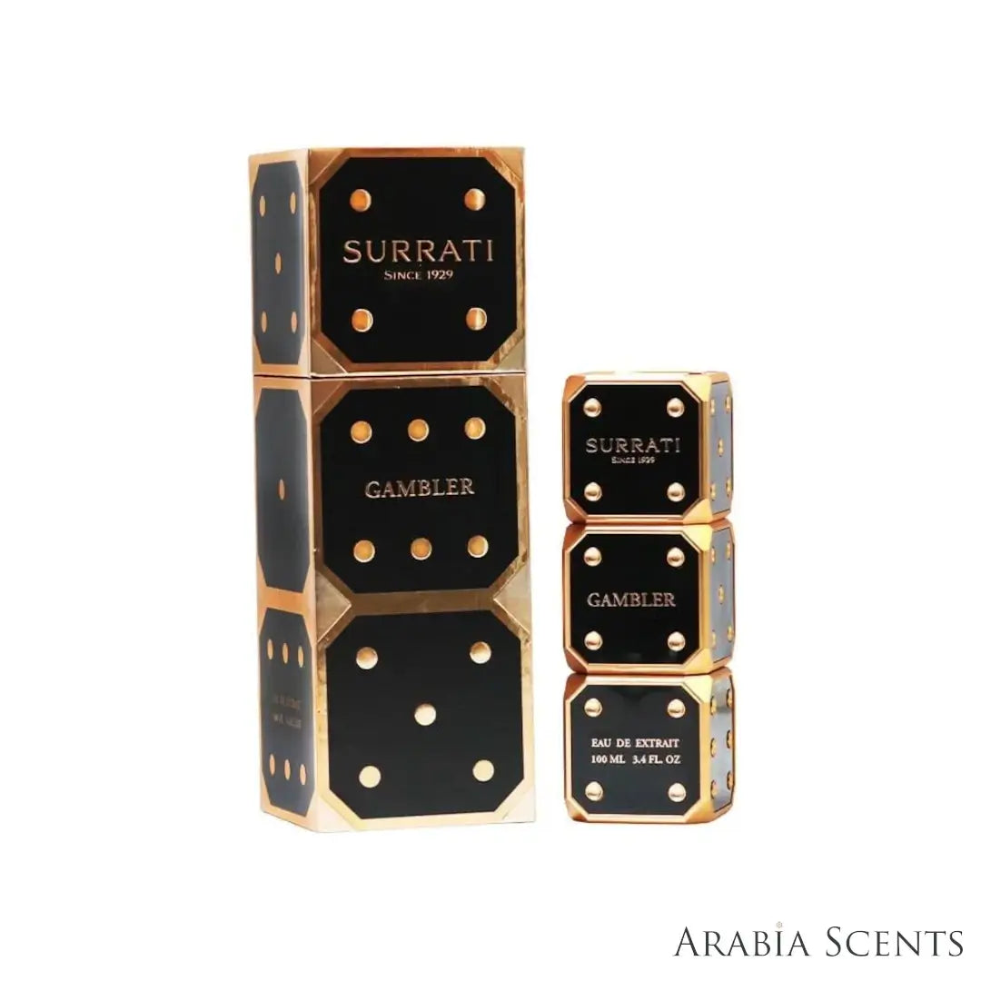 'Gambler' perfume bottle & packaging on a white background with 'Surrati' branding featured by 'Aabiascents'