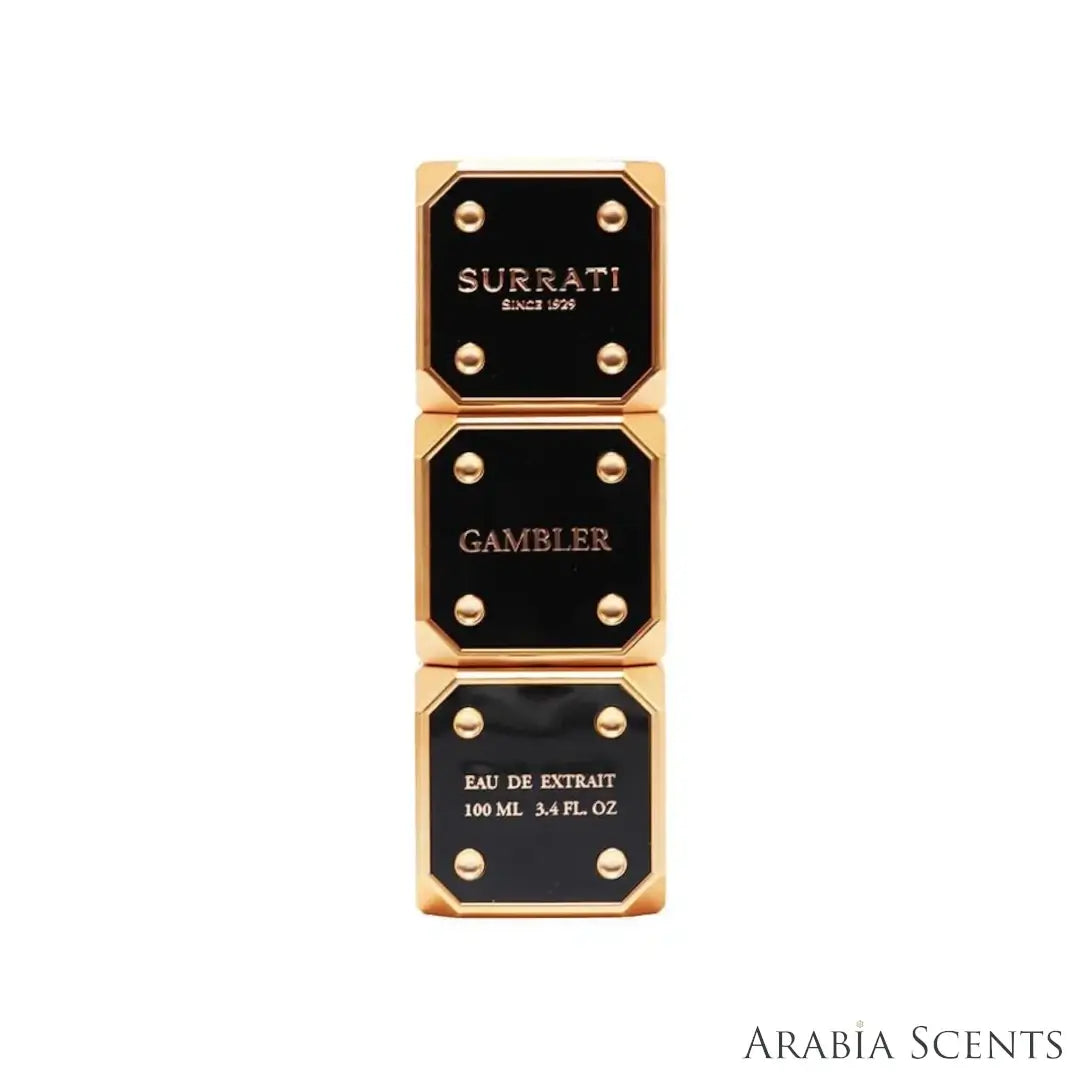 'Gambler' perfume bottle on a white background with 'Surrati' branding featured by 'Aabiascents'