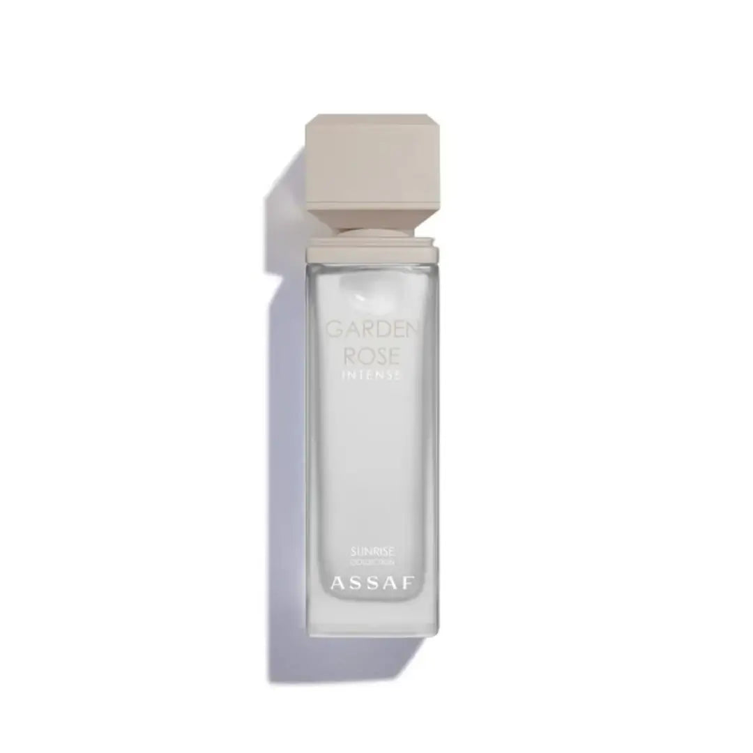 'Garden Rose Intense' perfume bottle on a white background with 'Assaf' branding