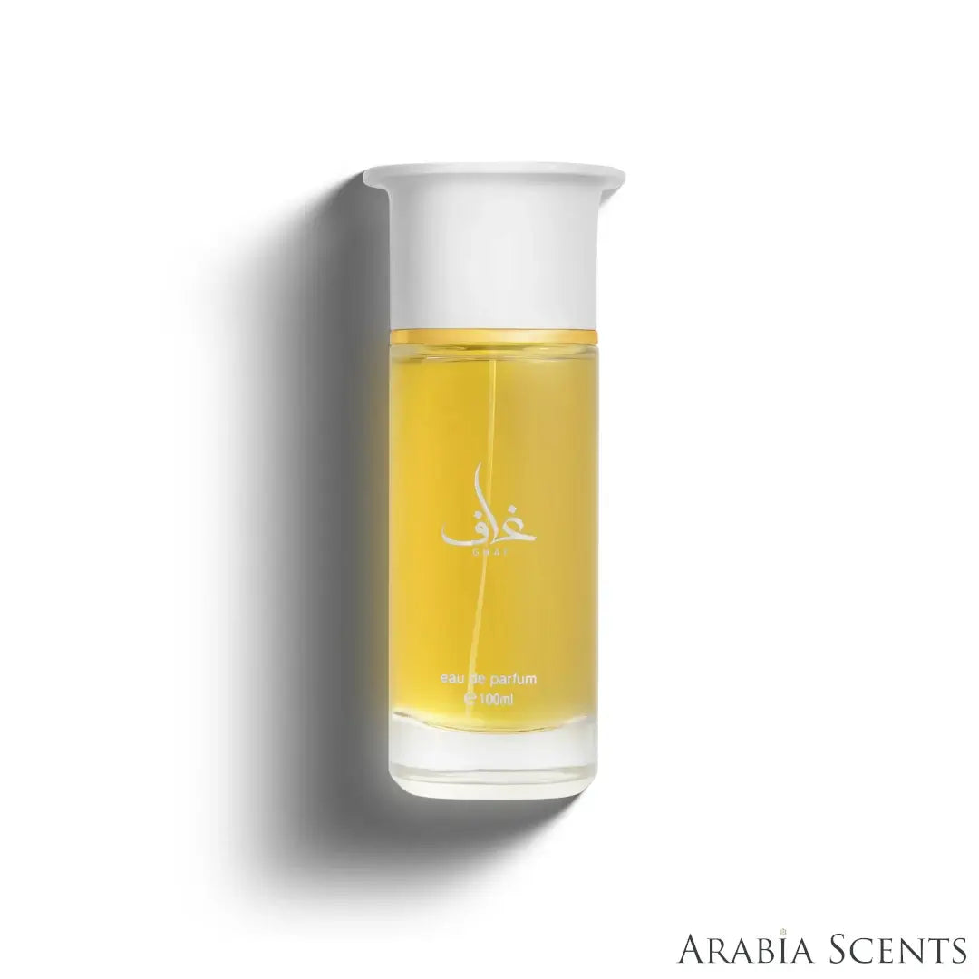 'Ghaf' perfume bottle on a white background with 'Ahmed Al Maghribi' branding featured by 'Arabiascents'