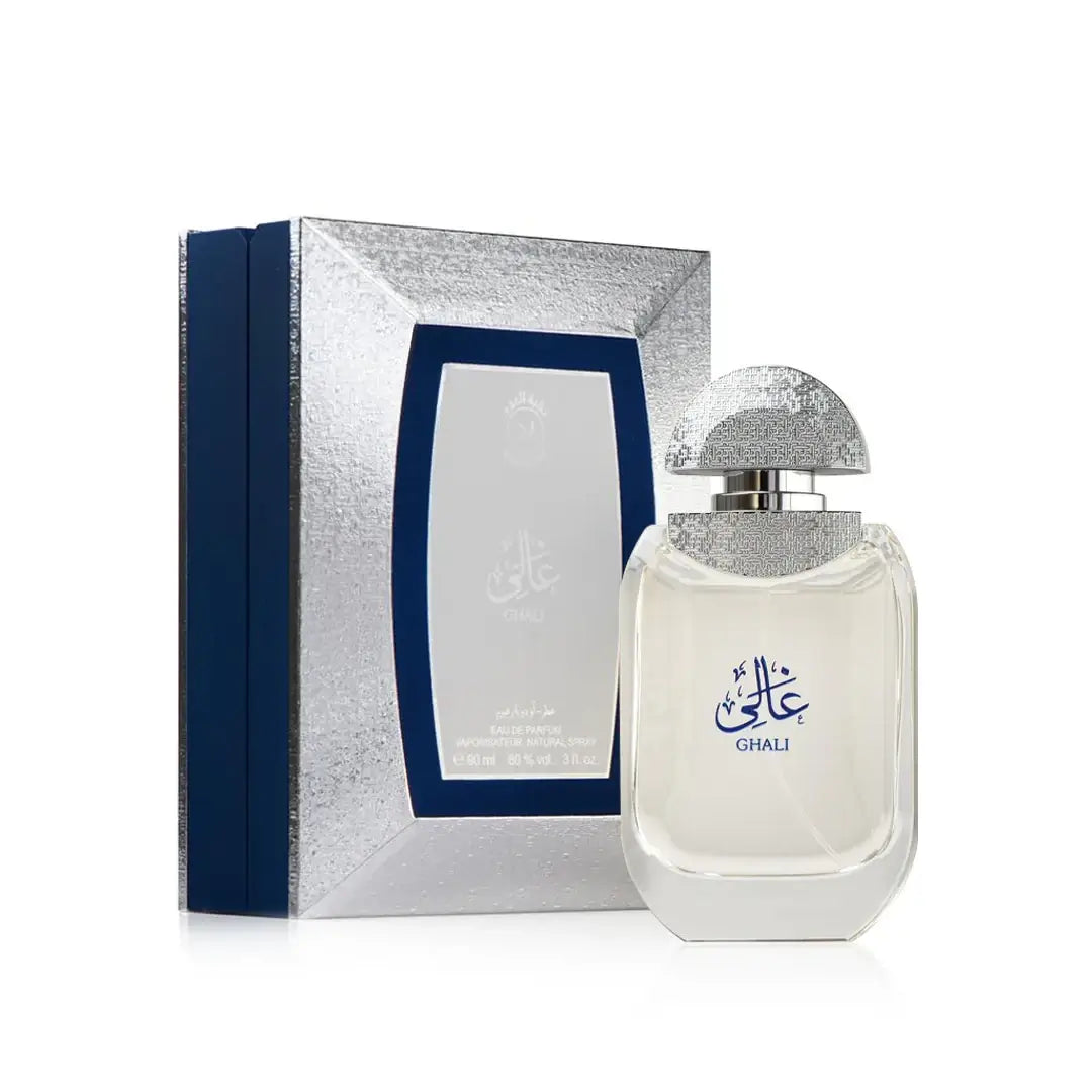 Perfume bottle with silver cap and 'Ghali' branding next to its packaging on a white background by Oud Elite