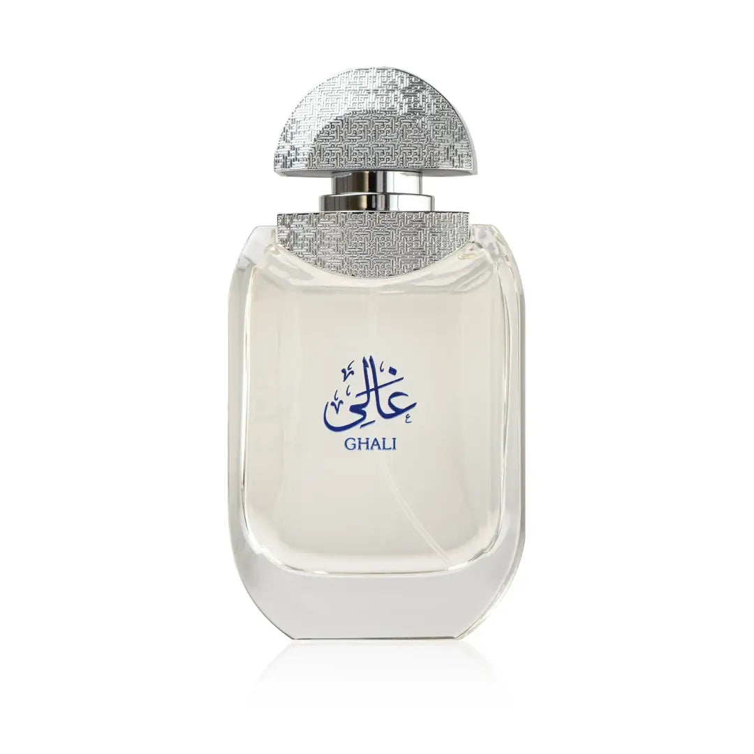 Perfume bottle with silver cap and 'Ghali' branding on a white background by Oud Elite
