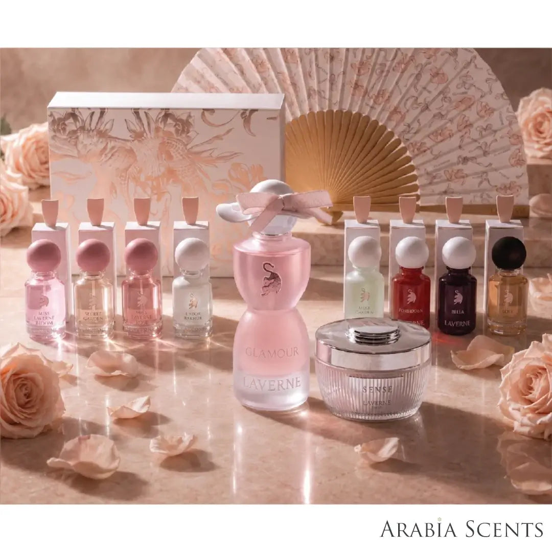 'Glamour World' set perfume & Powder bottles with 'Laverne' branding featured by 'Arabiascents'