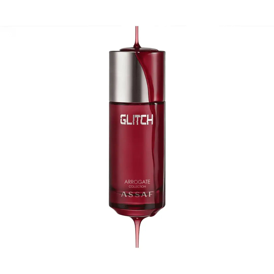Red bottle with silver cap labeled 'Glitch' on a white background branded Assaf