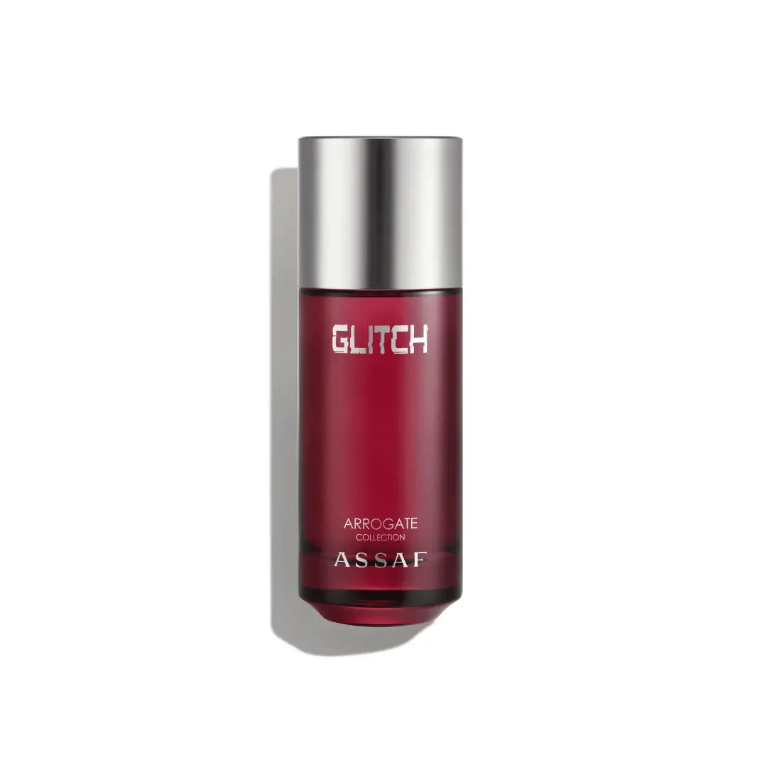'Glitch' Red perfume bottle with silver cap on a white background with Assaf branding