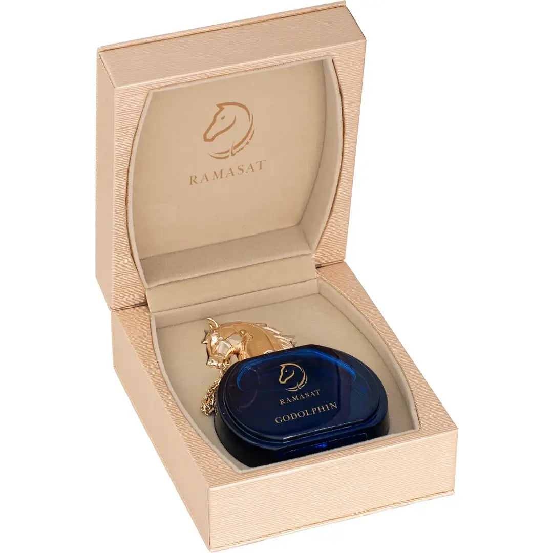 'Godolphin' perfume bottle with luxury box in a white background with 'Ramasat' branding