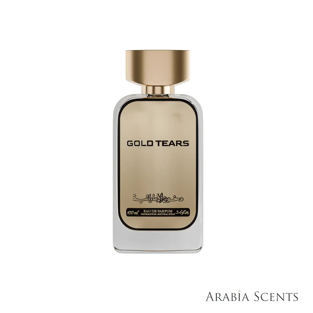 Perfume bottle labeled 'Gold Tears' by Dkhoon Emirates featured by ArabiaScents on a white background