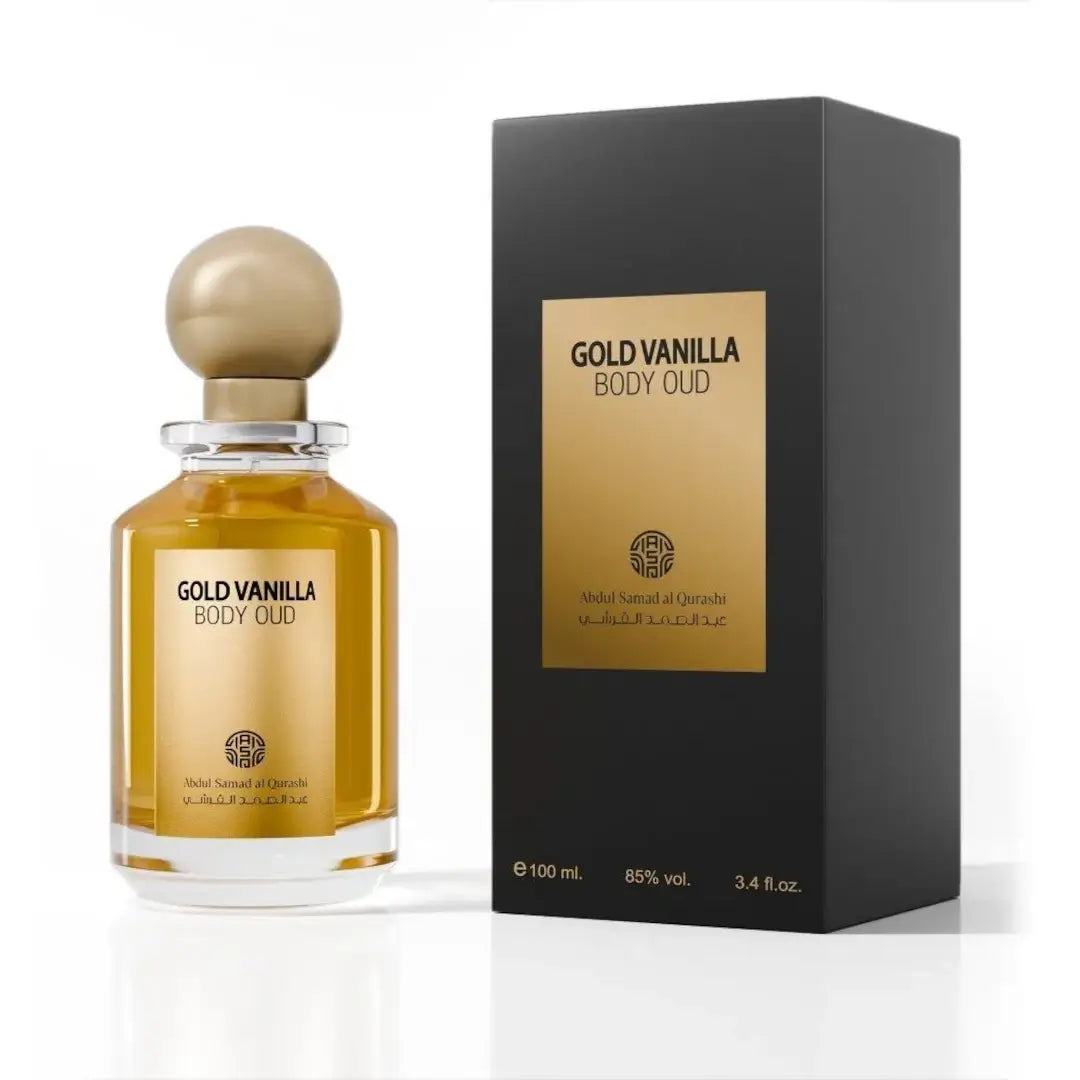'Gold Vanilla Body Oud' perfume bottle & packaging in a white background with 'ASQ' branding