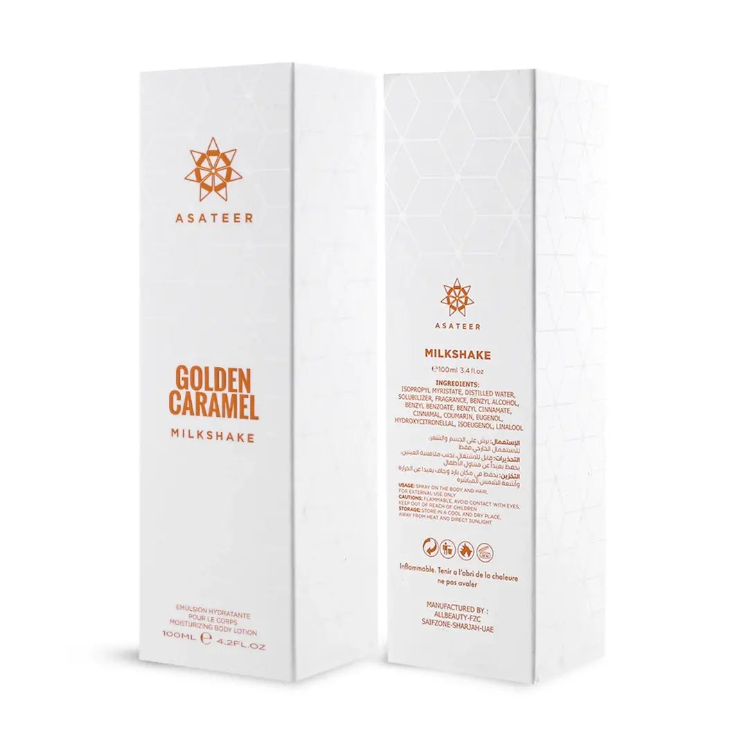 'Golden Caramel Milkshake Body Lotion Spray' packaging on a white background with 'Asateer' branding