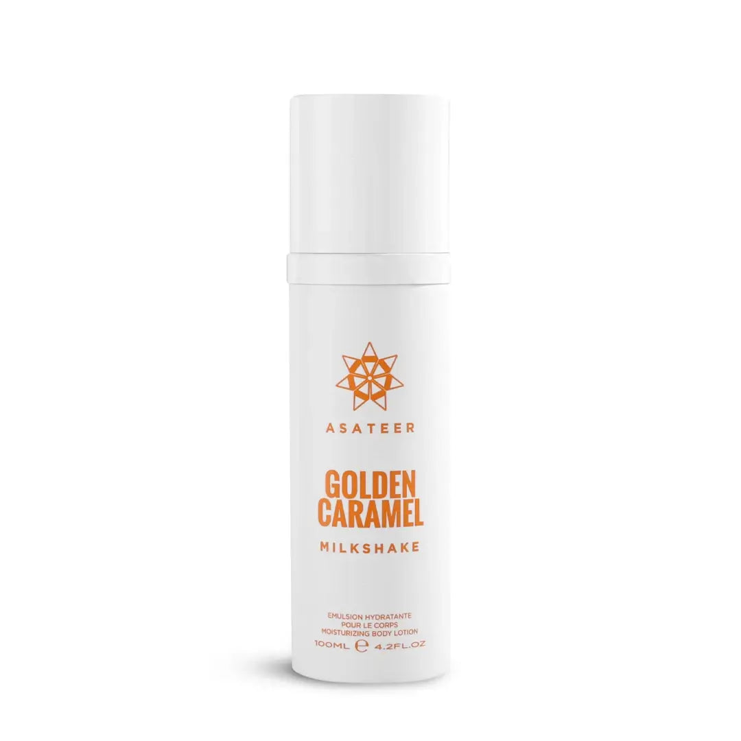 'Golden Caramel Milkshake Body Lotion Spray' bottle on a white background with 'Asateer' branding