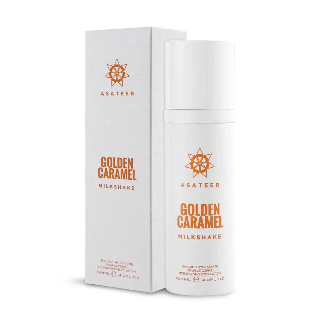 'Golden Caramel Milkshake Body Lotion Spray' bottle & packaging on a white background with 'Asateer' branding