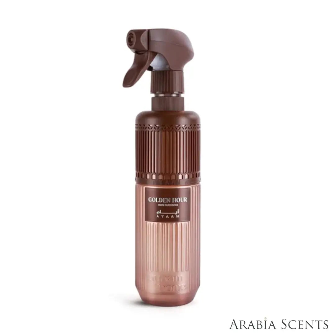 'Golden Hour' home fragrance bottle on a white background with 'Ayaam' branding featured by 'Arabiascents'