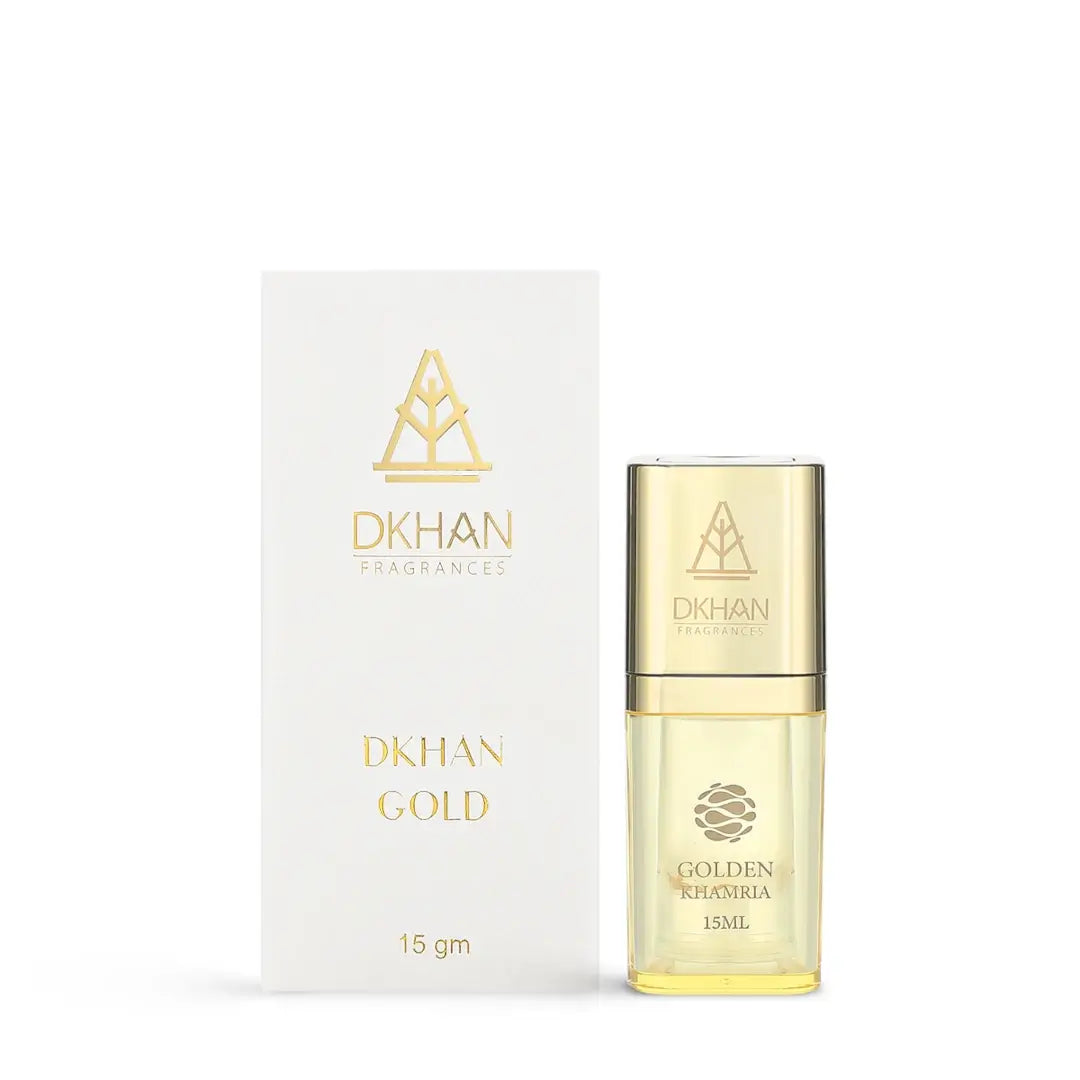 'Golden Khamria' Gold perfume bottle and packaging on a white background with Dkhan branding