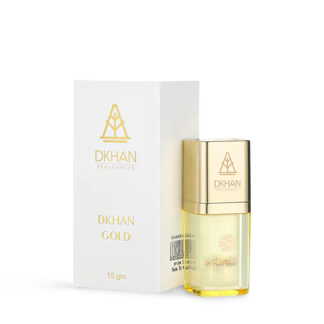 'Golden Khamria' perfume bottle and packaging on a white background with DKHAN branding