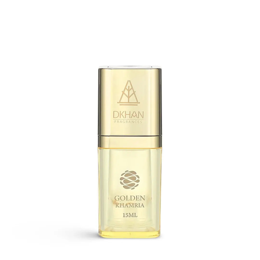 'Golden Khamria' Gold bottle with 'DKHAN' branding on a white background
