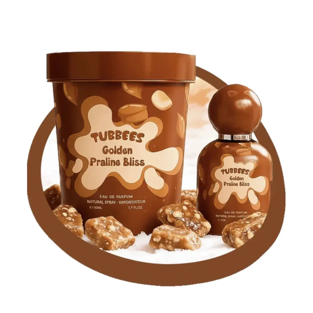 'Golden Praline Bliss' perfume bottle and packaging on a white background with 'Tubbees' branding