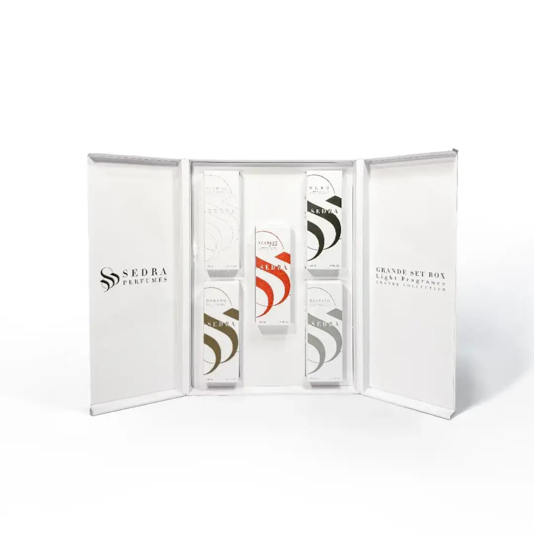 'Grande' set box perfume packaging on a white background with 'Sedra' branding