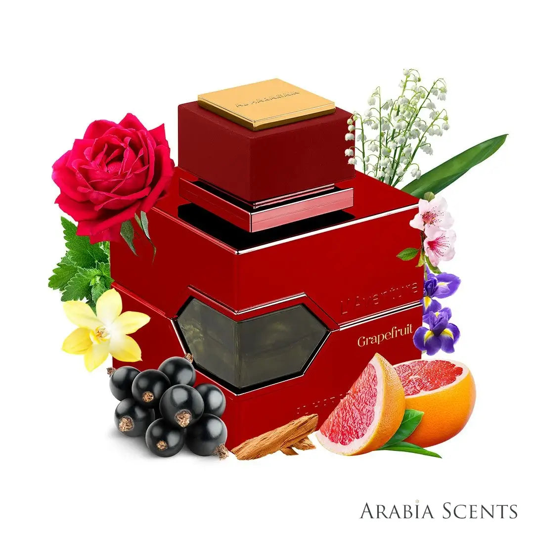 'L'Aventure Grapefruit' perfume bottle with notes on a white background with 'Al Haramain' branding featured by 'Arabiascents'