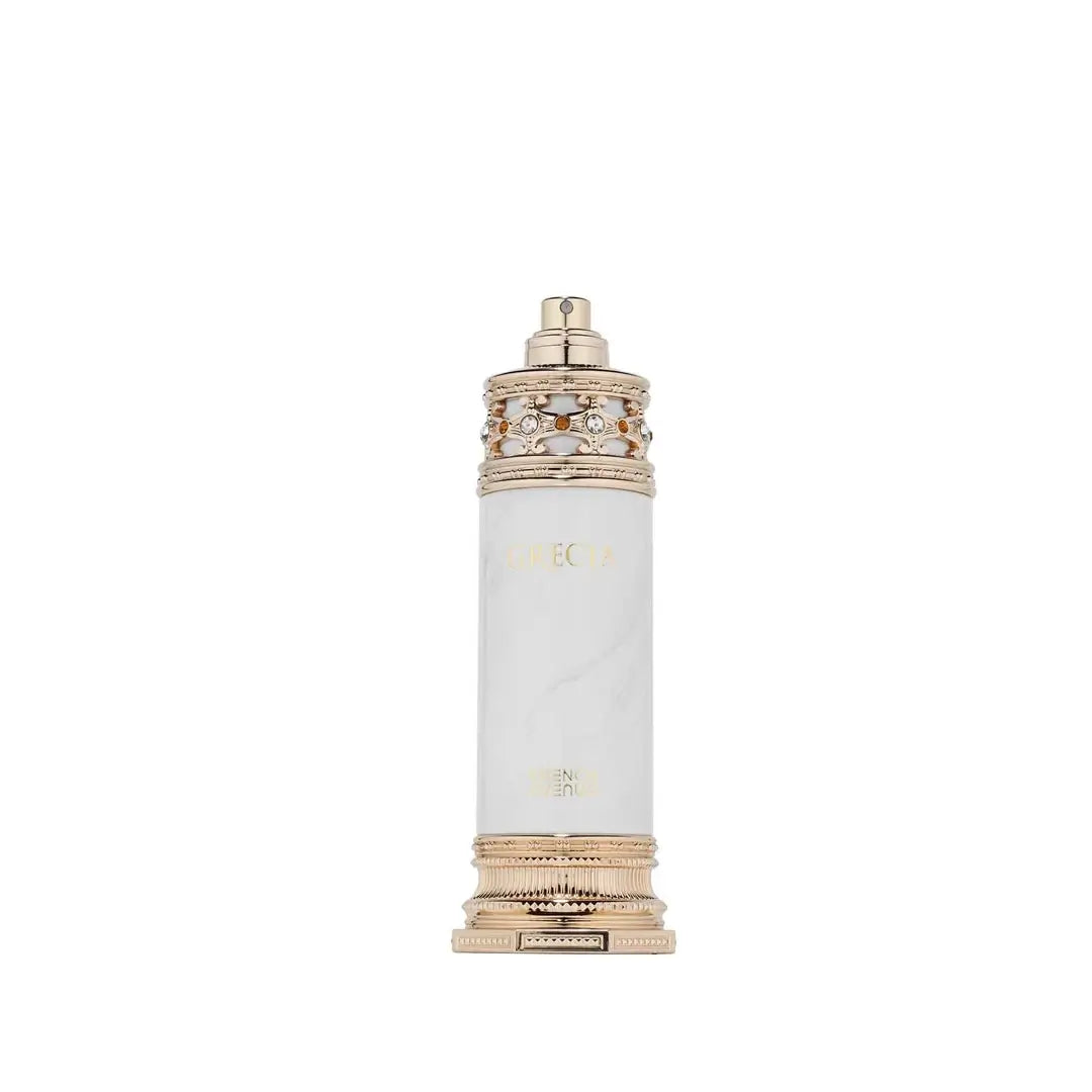 Grecia Perfume bottle with decorative cap on a white background with French Avenue Branding