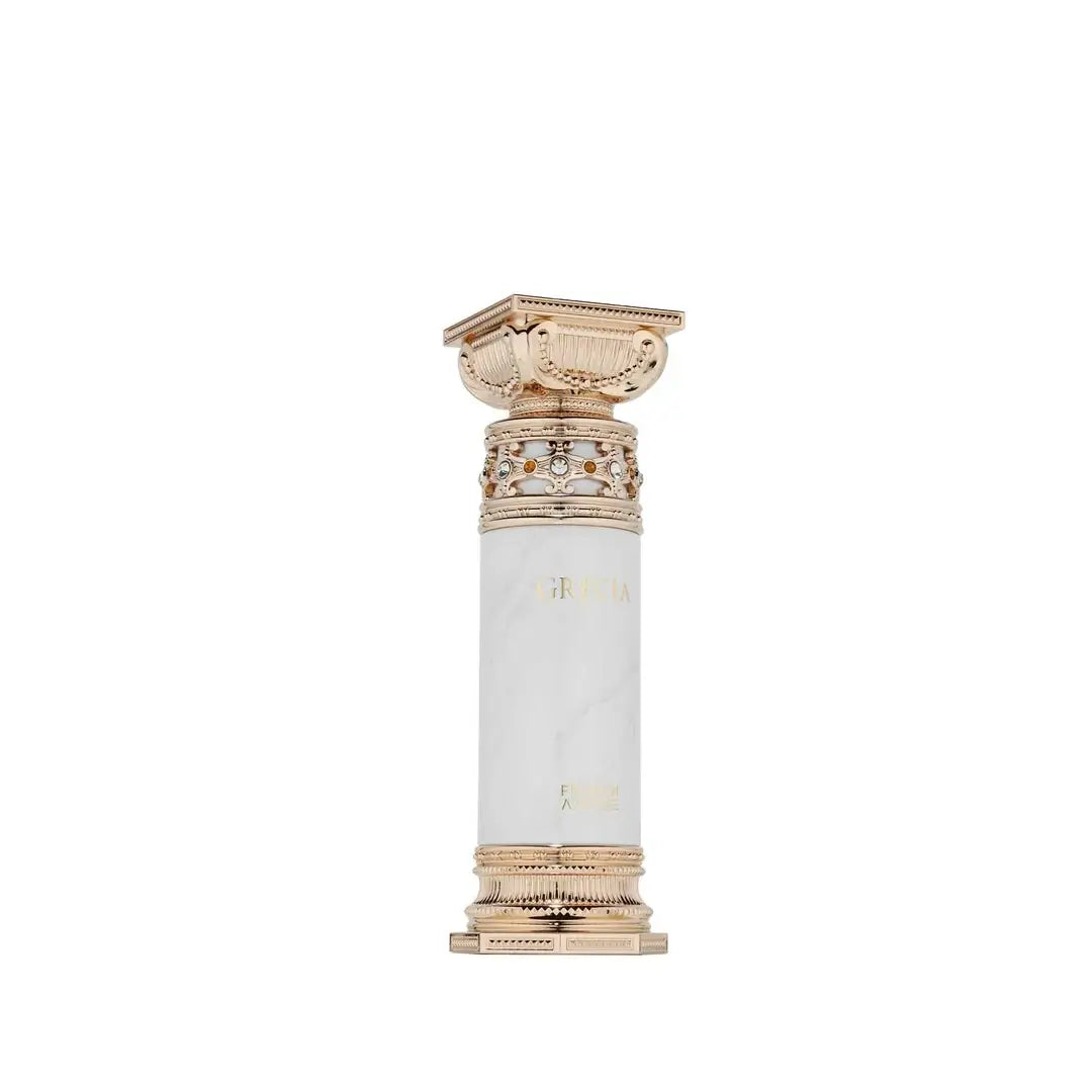 Grecia Perfume bottle with decorative cap on a white background with French Avenue Branding