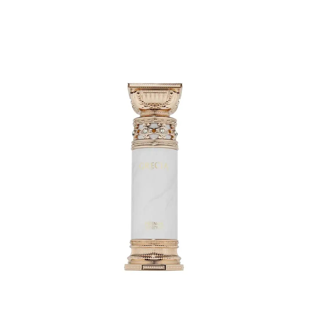 Grecia Perfume bottle with decorative cap on a white background with French Avenue Branding