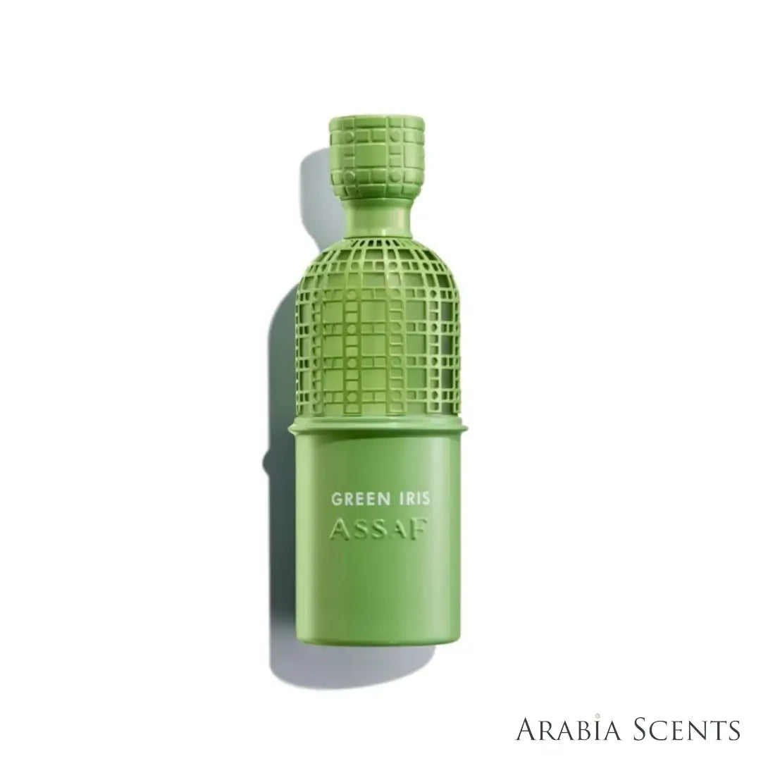 'Green Iris' perfume bottle on a white background with 'Assaf' branding featured by 'Arabiascents'