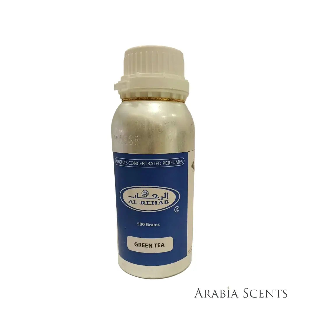 Green Tea perfume oil bottle branded Al Rehab on a white background featured by 'ArabiaScents'