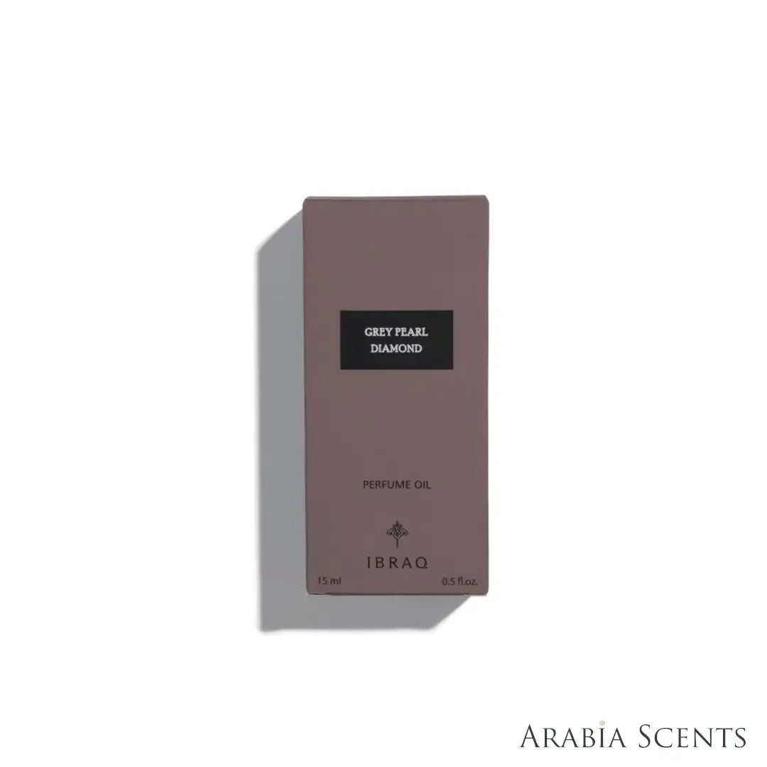 'Grey Pearl Diamond' oil perfume packaging on a white background with 'IBRAQ' branding featured by 'Arabiascents'