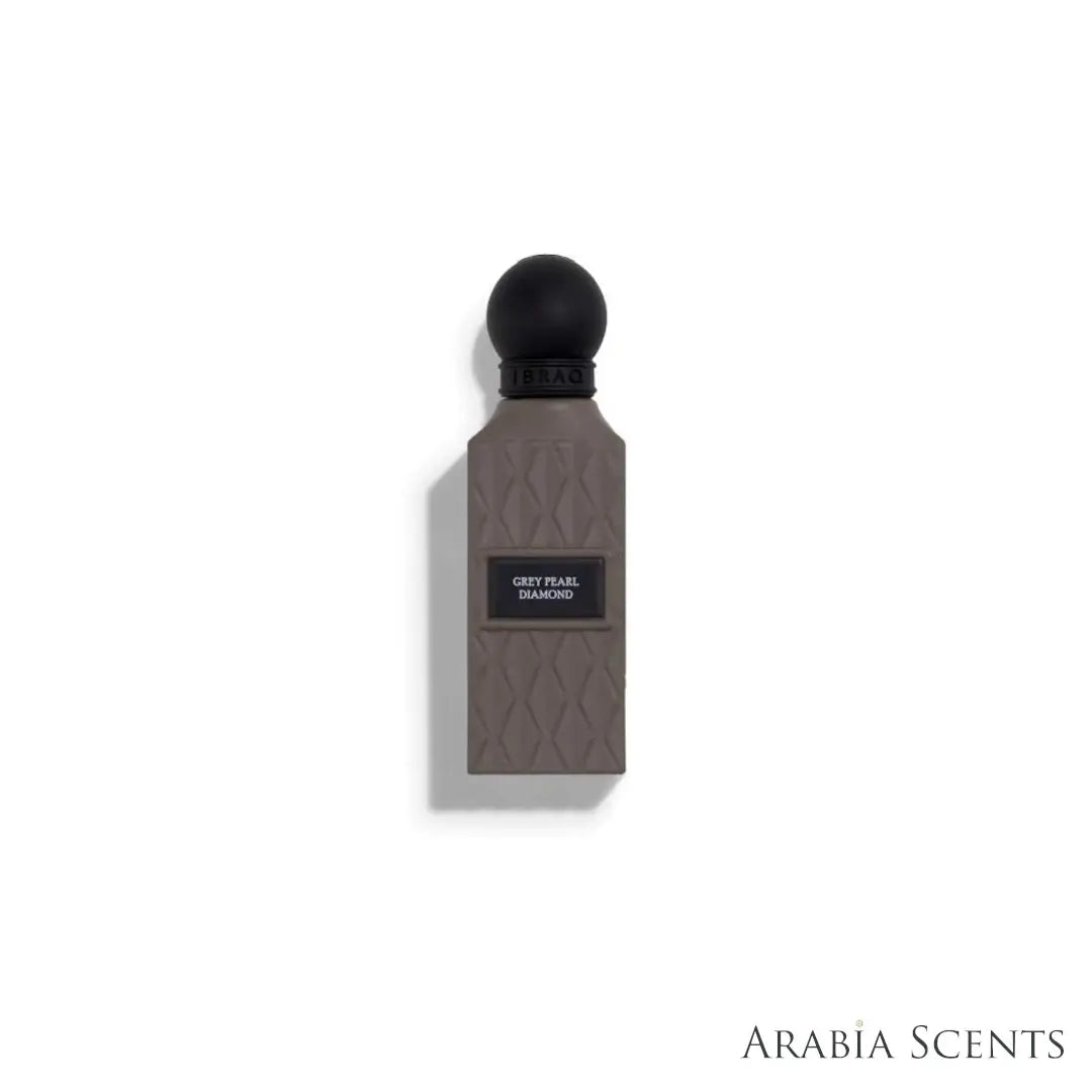'Grey Pearl Diamond' oil perfume bottle on a white background with 'IBRAQ' branding featured by 'Arabiascents'
