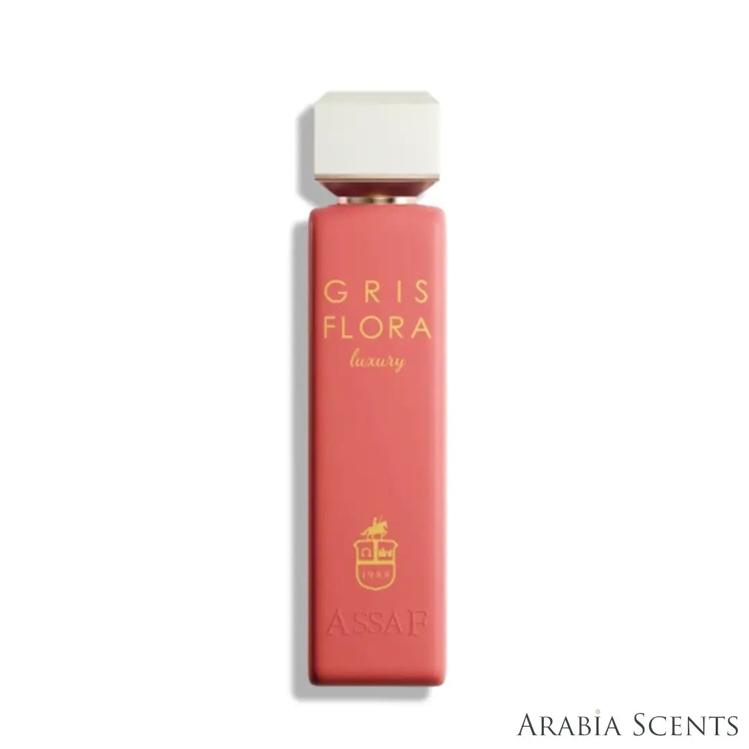 'Gris Flora' perfume bottle on a white background with 'Assaf' branding featured by 'Arabiascents'