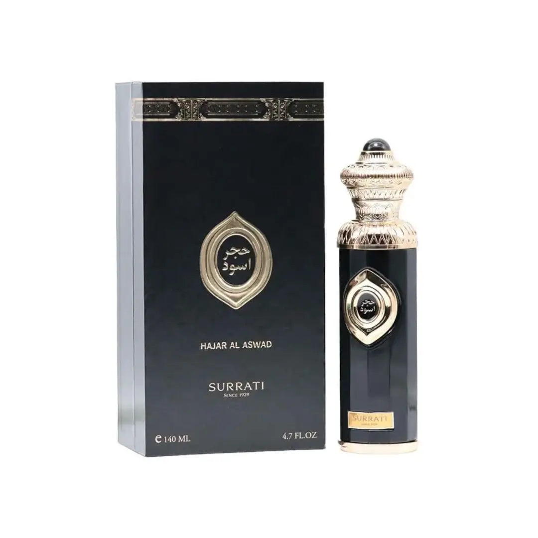 'Hajar Al Aswad' perfume bottle on a white background with 'Surrati' branding